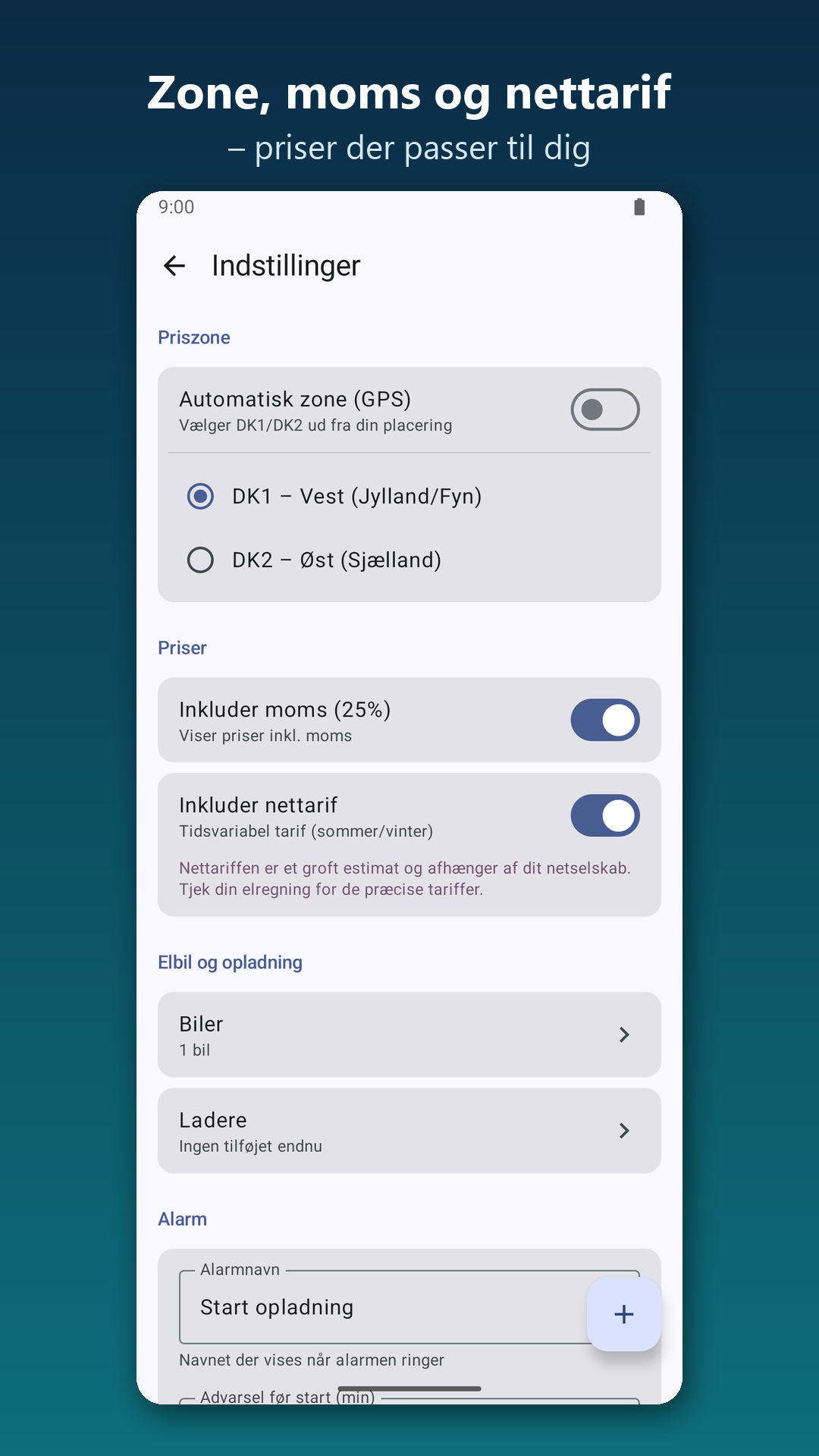 Indstillinger med priszone, moms og nettarif